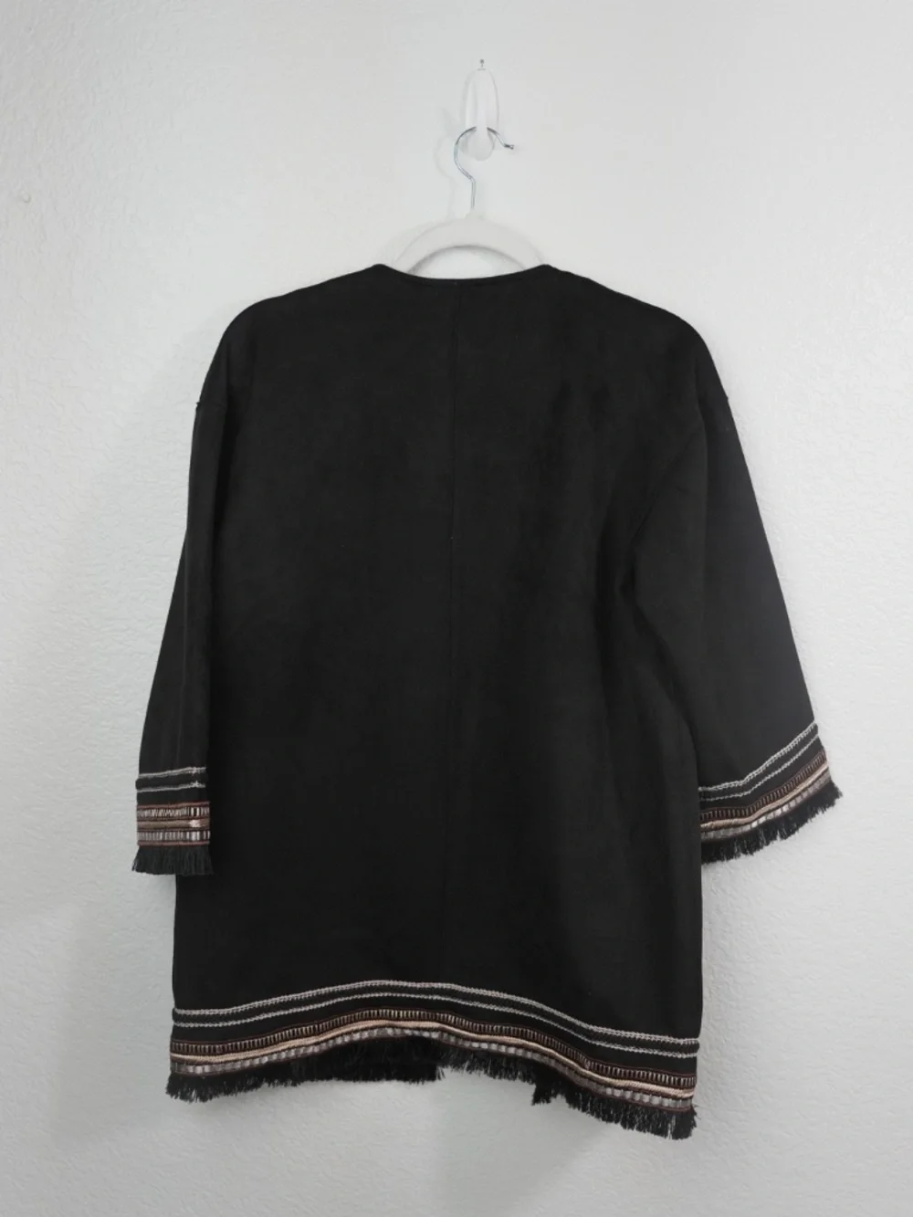 Zara Blazer Black Faux Suede Embroidered Fringe Hem Open Front Jacket Size XS